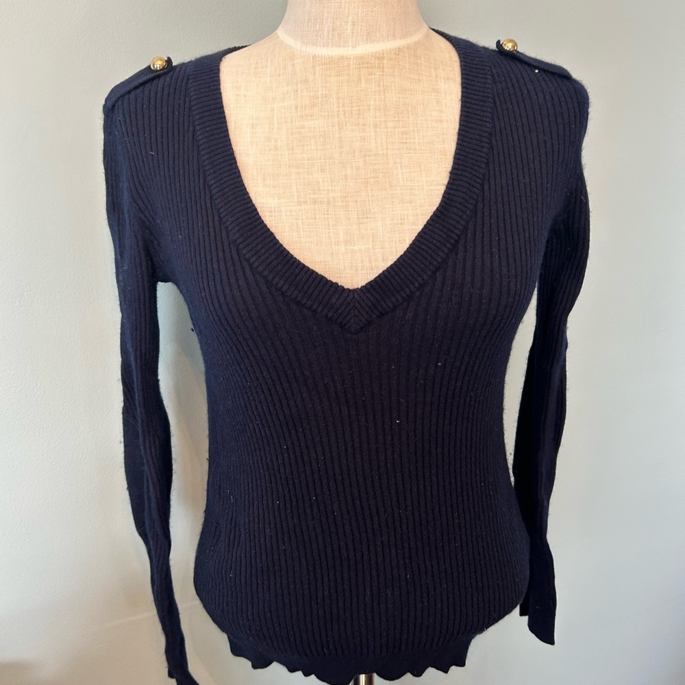Navy Tory Burch V Neck Sweater with Gold Shoulder Detail